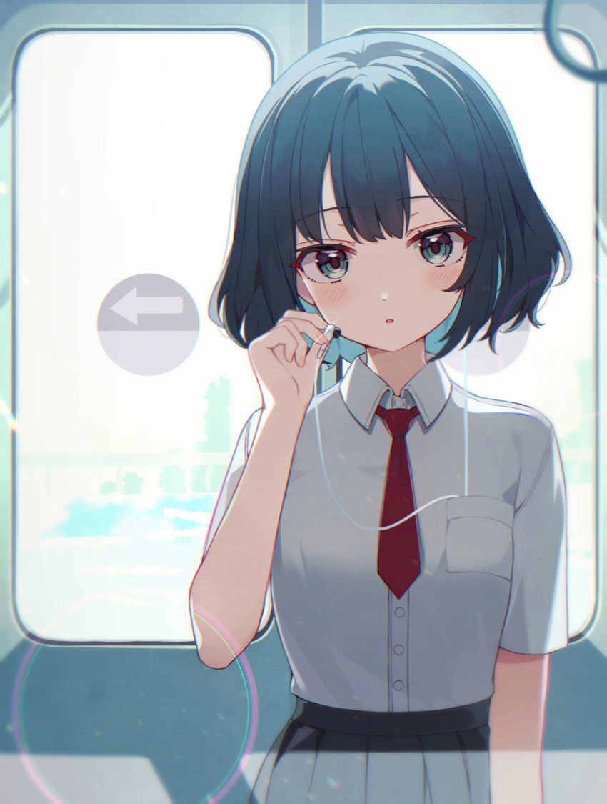 1girl bangs black_hair blush cable collared_shirt earbuds earphones green_eyes highres holding holding_earphones looking_at_viewer nam_(nam990902) necktie original parted_lips pleated_skirt red_necktie school_uniform shirt short_hair short_sleeves single_earphone_removed skirt solo train_interior white_shirt