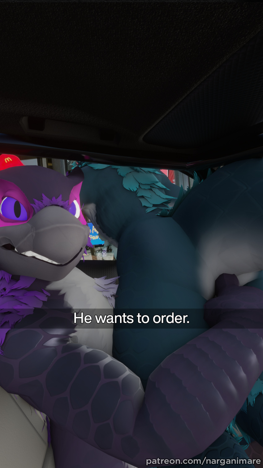 anal anal_fingering anal_penetration anthro b_(nargacuga) blue_body blue_eyes blue_fur butt capcom car duo fingering flying_wyvern frown fur hi_res looking_at_viewer male male/male mcdonald's meme monster_hunter nargacuga narganimare on_lap open_window ordering_food p_(nargacuga) patreon penetration purple_body purple_eyes purple_fur sitting smile text url vehicle video_games