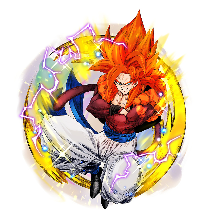 1boy absurdres blue_eyes blue_sash body_fur brown_fur crossed_arms dragon_ball dragon_ball_gt fusion fusion_dance gogeta highres metamoran_vest monkey_boy monkey_tail muscular muscular_male pants red_hair sash smirk super_saiyan super_saiyan_4 tail yuuri_(fukuroudou)