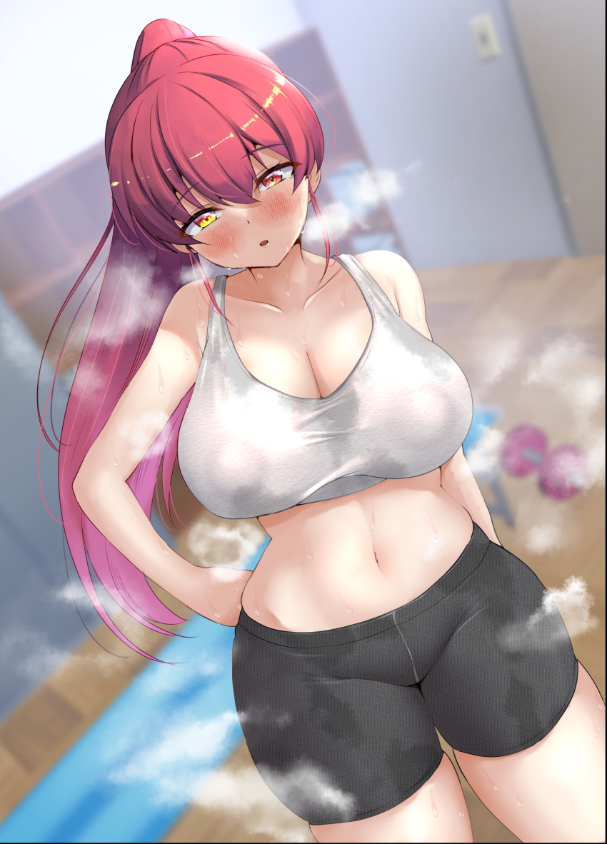 1girl bangs bare_shoulders blurry blurry_background blush breasts cleavage dumbbell heterochromia high_ponytail highres hololive houshou_marine huge_breasts long_hair looking_at_viewer navel noah12 parted_lips red_eyes red_hair solo sports_bra sportswear steaming_body sweat virtual_youtuber yellow_eyes yoga_mat