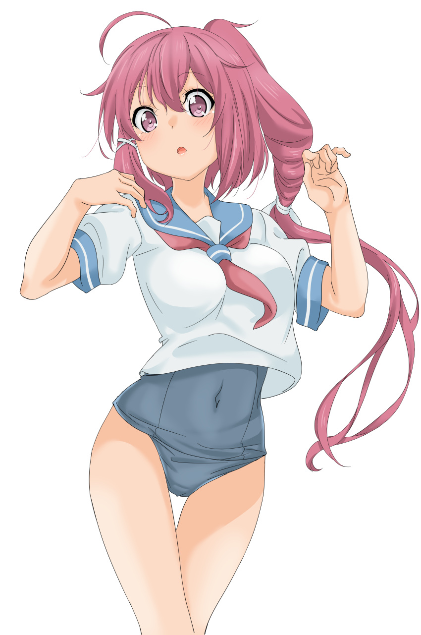 1girl absurdres ahoge black_one-piece_swimsuit blue_sailor_collar covered_navel cowboy_shot hair_ribbon highres i-168_(kancolle) kantai_collection long_hair looking_at_viewer maonatten neckerchief ponytail red_hair red_neckerchief ribbon sailor_collar sailor_shirt school_swimsuit school_uniform serafuku shirt simple_background solo swimsuit swimsuit_under_clothes thigh_gap white_background