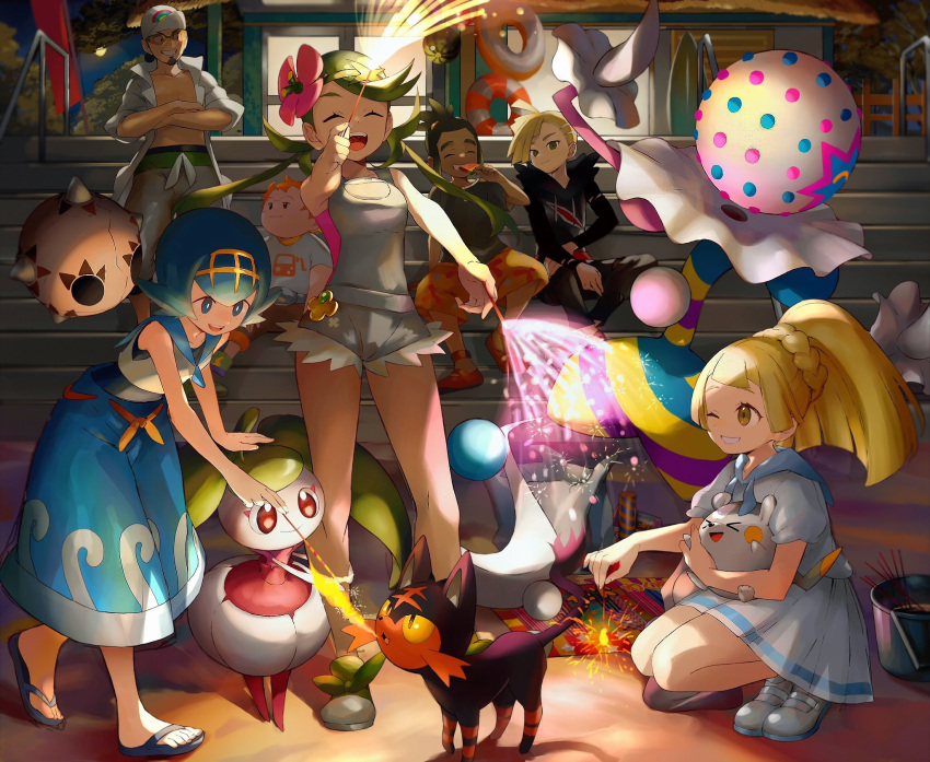 3girls 4boys :d bangs baseball_cap blacephalon blonde_hair blue_eyes blue_hair blue_pants blue_sailor_collar blunt_bangs bright_pupils building capri_pants closed_eyes coat commentary_request eating facial_hair fire fireworks flip-flops flower footwear_ribbon gladion_(pokemon) green_footwear green_hair green_headband grey_overalls grin hairband hand_up happy hat hau_(pokemon) headband highres holding holding_pokemon knees kukui_(pokemon) labcoat lana_(pokemon) leaning_forward lillie_(pokemon) litten long_hair mallow_(pokemon) minior multiple_boys multiple_girls night one-piece_swimsuit open_clothes open_coat open_mouth orange_mikan outdoors overall_shorts overalls pants pink_flower pink_shirt pleated_skirt pokemon pokemon_(creature) pokemon_(game) pokemon_sm sailor_collar sand sandals shirt shoes short_hair short_sleeves sitting skirt sleeveless sleeveless_shirt smile sophocles_(pokemon) sparkler squatting stairs standing steenee sunglasses swept_bangs swimsuit swimsuit_under_clothes teeth togedemaru tongue twintails upper_teeth wave_print white_pupils white_shirt yellow_hairband