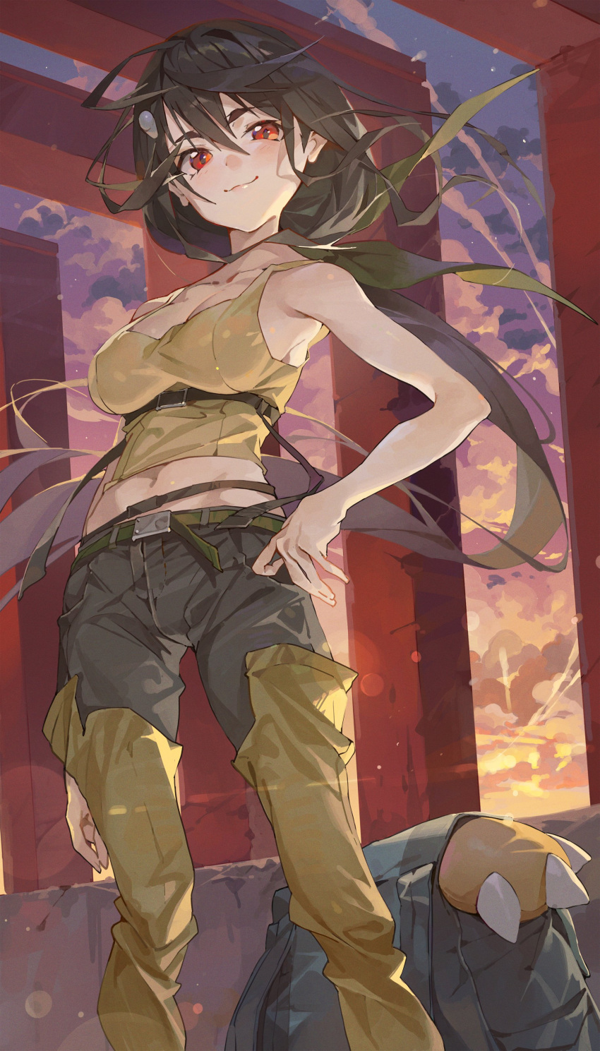1girl absurdres aged_up arm_at_side backpack bag bangs belt black_hair black_shorts blue_sky closed_mouth cloud cloudy_sky collarbone gradient_hair green_hair hair_ornament hairclip hand_on_hip highres hxxg light_blush long_hair looking_at_viewer monogatari_(series) multicolored_hair pants ponytail purple_sky red_eyes shorts sky smile solo standing sunset tank_top yellow_pants yellow_sky yellow_tank_top