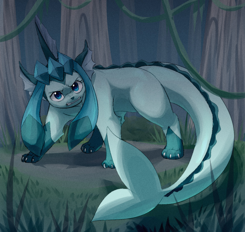 3_fingers 3_toes ambiguous_gender angry blue_body blue_eyes clenched_teeth eeveelution feet female feral fingers forest fusion generation_1_pokemon generation_4_pokemon glaceon glaporeon_(bokurei) grass growling hybrid looking_at_viewer moody_lighting multicolored_body nintendo plant pok&eacute;mon_fusion pokemon pokemon_(species) solo tail_motion teeterglance teeth teeth_bared teeth_showing toes tree two_tone_body vaporeon video_games vines