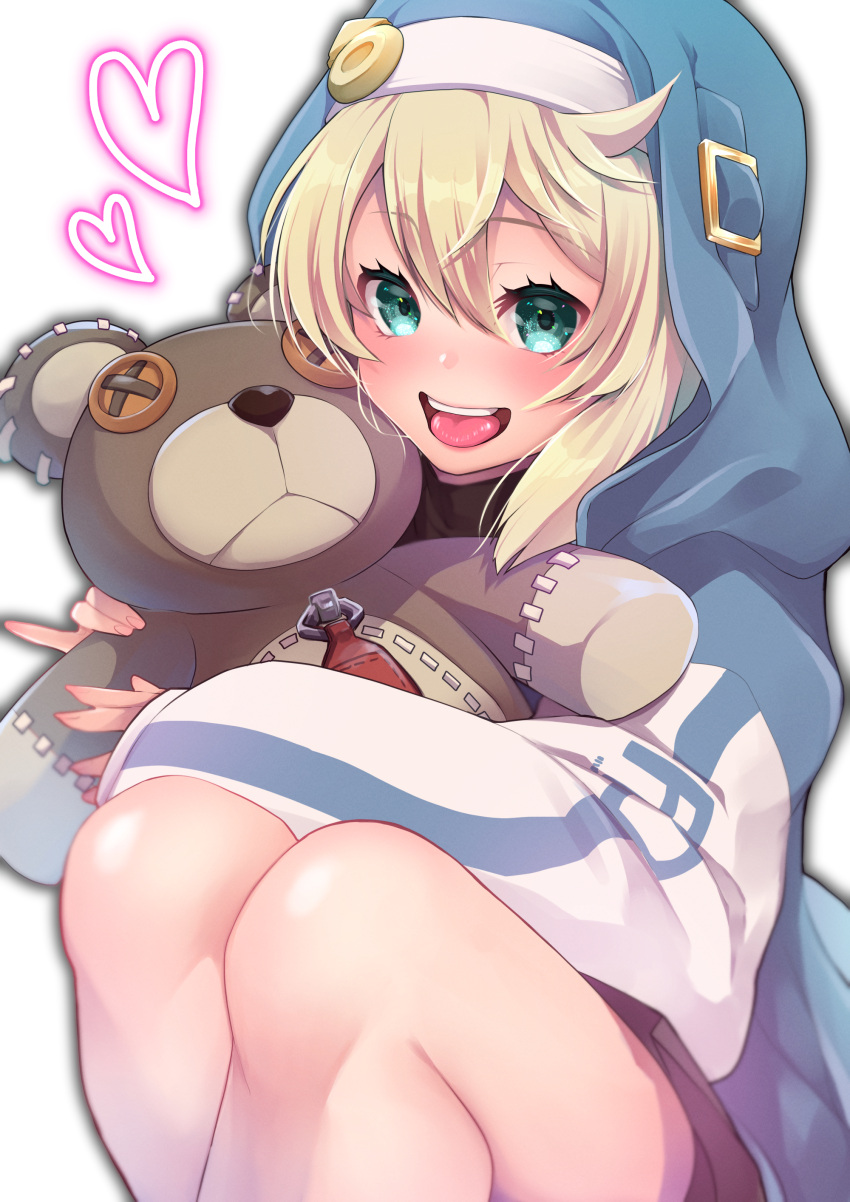 1boy :d absurdres blonde_hair bridget_(guilty_gear) chikage_(blackclownery) green_eyes guilty_gear guilty_gear_strive hair_between_eyes heart highres holding holding_stuffed_toy legs long_sleeves looking_at_viewer male_focus nun open_mouth otoko_no_ko short_hair smile squatting stuffed_animal stuffed_toy teddy_bear teeth upper_teeth