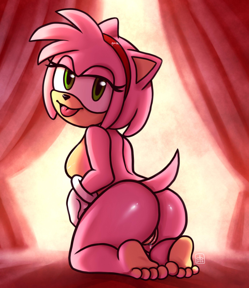 2022 4_toes accessory amy_rose anthro black_drakkon blep breasts butt clothing eulipotyphlan feet female full-length_portrait genitals gloves gloves_only green_eyes hair_accessory hairband handwear handwear_only hedgehog hi_res looking_at_viewer looking_back looking_back_at_viewer mammal mostly_nude mostly_nude_anthro mostly_nude_female pink_body portrait presenting presenting_hindquarters presenting_pussy pussy rear_view sega side_boob soles solo sonic_the_hedgehog_(series) toes tongue tongue_out