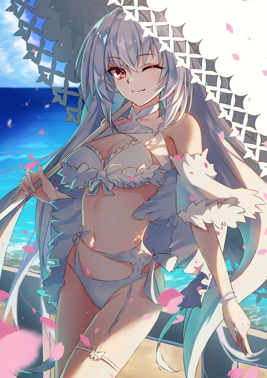 1girl breasts fate/grand_order fate/prototype fate_(series) flower highres holding holding_umbrella lady_avalon_(fate) long_hair looking_at_viewer merlin_(fate/prototype) official_alternate_costume one_heart1201 outdoors red_eyes smile solo swimsuit umbrella white_hair