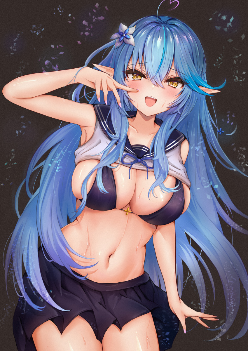 1girl absurdres ahoge bangs bikini bikini_under_clothes blue_hair blush bow breasts colored_tips elf flower hair_between_eyes hair_flower hair_ornament heart heart_ahoge highres hololive large_breasts long_hair looking_at_viewer mito_soosu multicolored_hair navel open_mouth pointy_ears sailor_collar skirt solo streaked_hair swimsuit very_long_hair virtual_youtuber wet yellow_eyes yukihana_lamy
