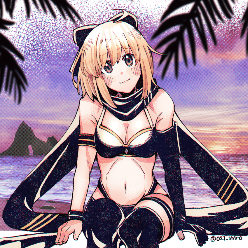 021_shiro 1girl armband bangs beach black_bow bow breast_press breasts cleavage cloud dated elbow_gloves fate/grand_order fate_(series) gloves head_tilt highres legs_together looking_at_viewer medium_hair navel ocean okita_j._souji_(fate) okita_souji_(fate) outdoors scarf signature single_glove sitting sky solo swimsuit wristband yellow_eyes