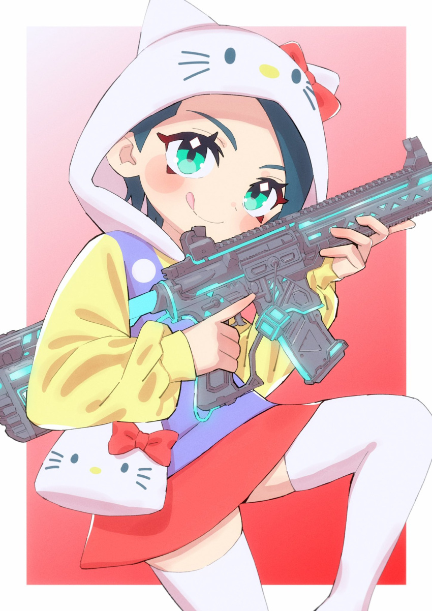 1girl animification blue_hair blush bow cosplay green_eyes gun head_tilt hello_kitty hello_kitty_(character) hello_kitty_(character)_(cosplay) highres holding holding_gun holding_weapon hood hood_up hoodie iechi licking_lips looking_at_viewer playerunknown's_battlegrounds red_bow red_skirt sara_(pubg) short_hair skirt smile solo thighhighs tongue tongue_out trigger_discipline weapon white_thighhighs yellow_hoodie