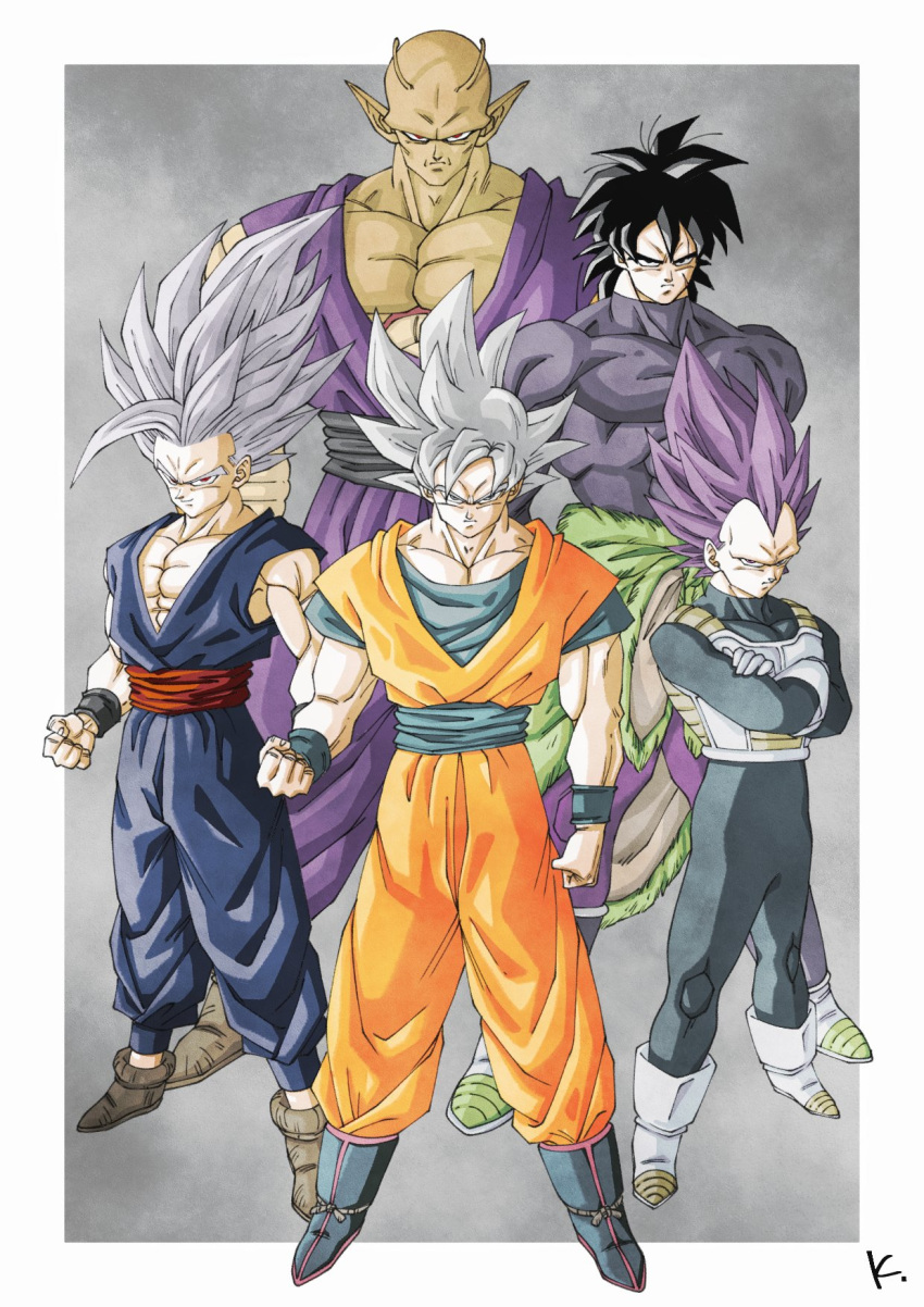 abs antennae armor black_eyes black_hair boots broly_(dragon_ball_super) colored_skin dougi dragon_ball dragon_ball_super dragon_ball_super_broly dragon_ball_super_super_hero dragon_ball_z father_and_son gloves gohan_beast highres kakeru_(dbskakeru) looking_at_viewer male_focus multiple_boys muscular muscular_male official_style orange_piccolo orange_skin pectorals piccolo saiyan_armor scar short_hair simple_background son_gohan son_goku spiked_hair spoilers ultra_ego ultra_instinct vegeta white_gloves wristband