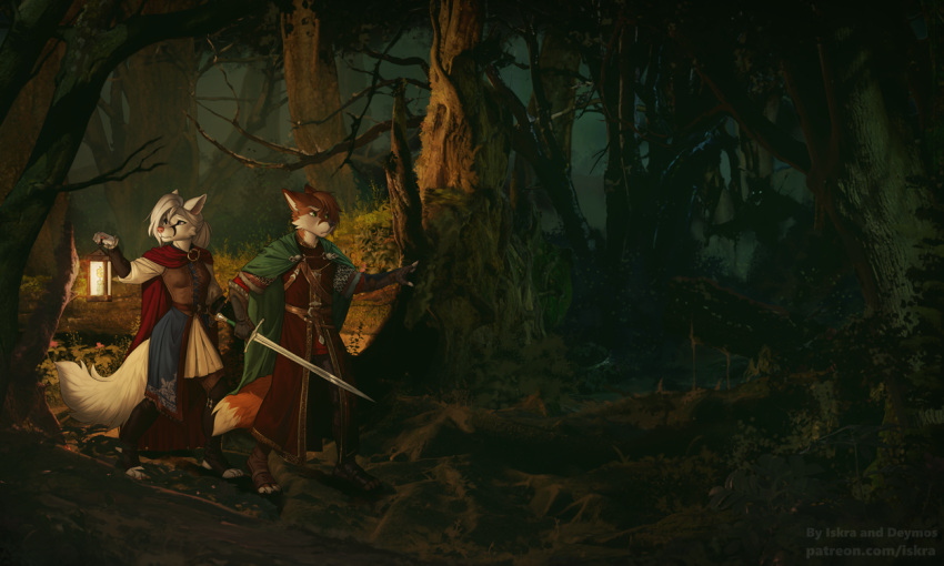 4_toes 5_fingers anthro breasts brown_hair canid canine clothed clothing detailed_background duo eyebrows eyelashes feet female fingers forest fox hair holding_object holding_sword holding_weapon iskra mammal melee_weapon moss night outside plant sword toes tree weapon white_hair