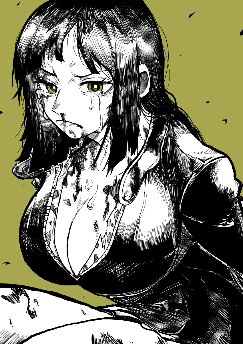 1girl absurdres black_dress black_hair blood blood_on_face breasts cleavage crying dress frown highres injury large_breasts medium_hair messy_hair nico_robin nosebleed one_piece solo thighs torn_clothes yellow_background yellow_eyes yotsumi_shiro