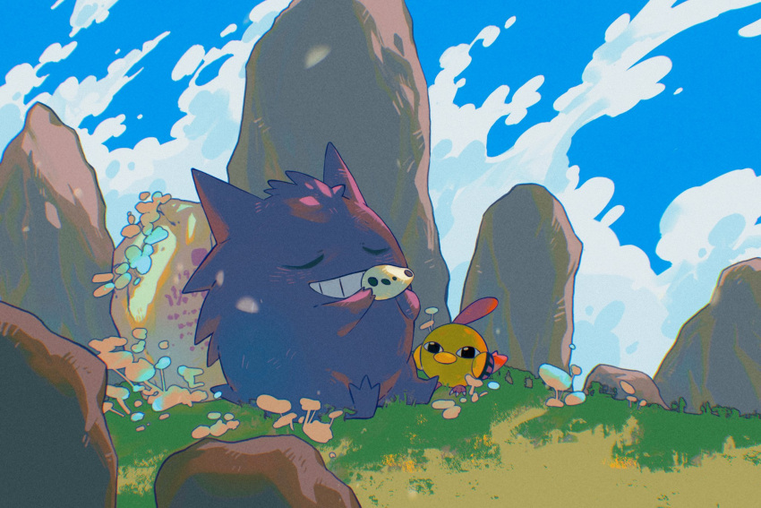 bird black_eyes closed_eyes cloud commentary_request day gengar grass grin highres holding natu no_humans outdoors pokemon pokemon_(creature) sky smile stone teeth wulie_errr