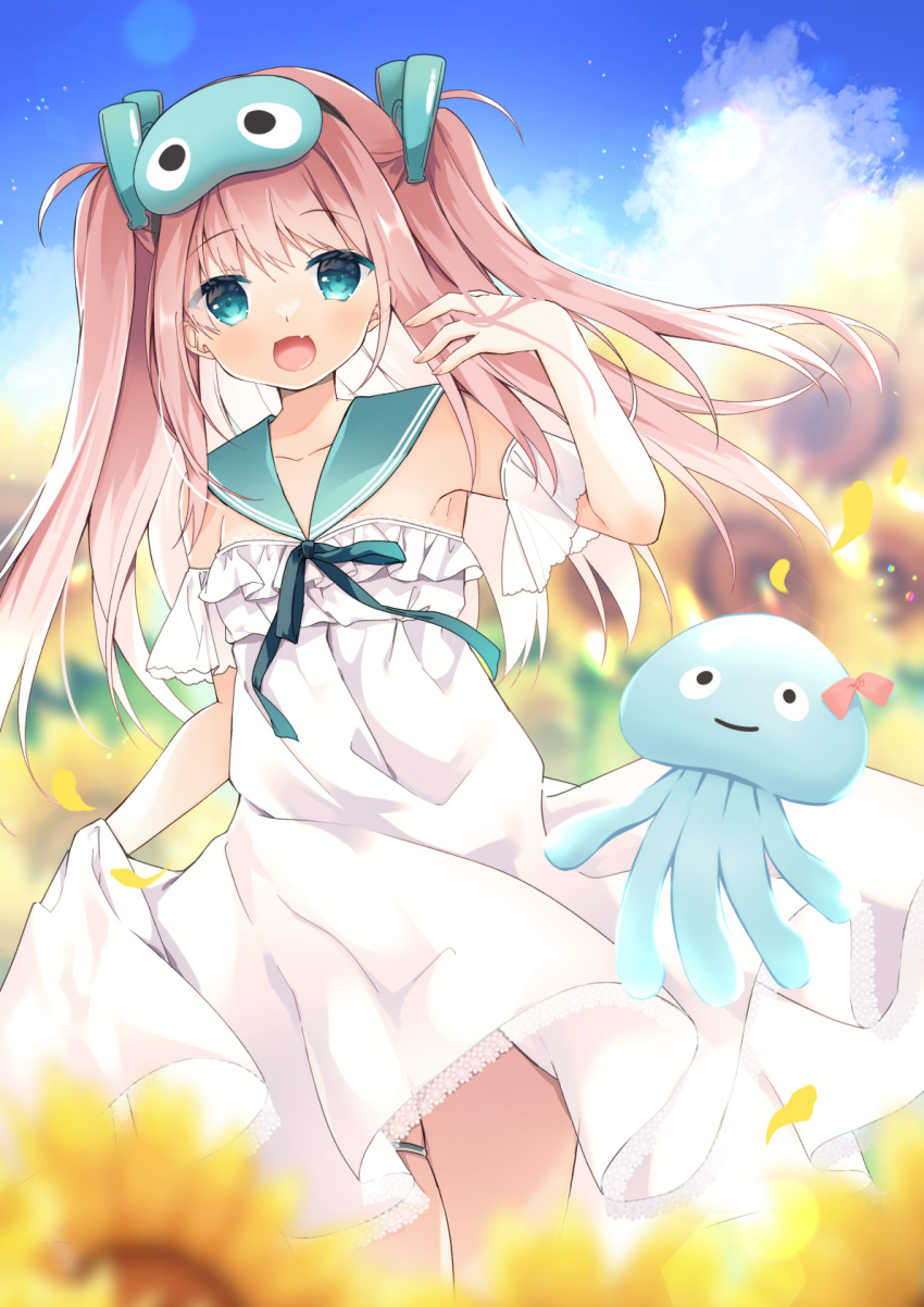 1girl :d bangs bare_shoulders blue_eyes blue_sailor_collar blurry blurry_background blurry_foreground character_request commentary_request day dress fang field flower flower_field hand_up highres long_hair looking_at_viewer octopus outdoors petals pink_hair purinpurin sailor_collar sailor_dress skindentation smile solo sunflower thigh_strap two_side_up very_long_hair vpro white_dress yellow_flower