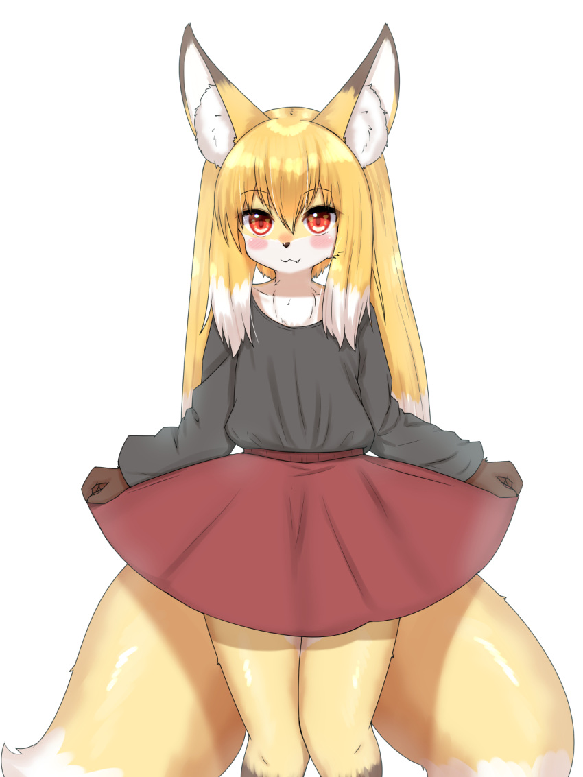 2022 2_tails anthro blonde_hair blush bottomwear brown_body brown_fur canid canine clothed clothing cute_fangs dipstick_ears dipstick_tail female female_anthro flat_chested fox fur hair hi_res horokusa0519 inner_ear_fluff kemono long_hair looking_at_viewer mammal markings multi_tail multicolored_body multicolored_ears multicolored_fur multicolored_hair multicolored_tail portrait red_eyes simple_background skirt solo tail_markings three-quarter_portrait tuft twin_tail_nojaloli_fox two_tone_hair white_background white_body white_fur white_hair yellow_body yellow_fur