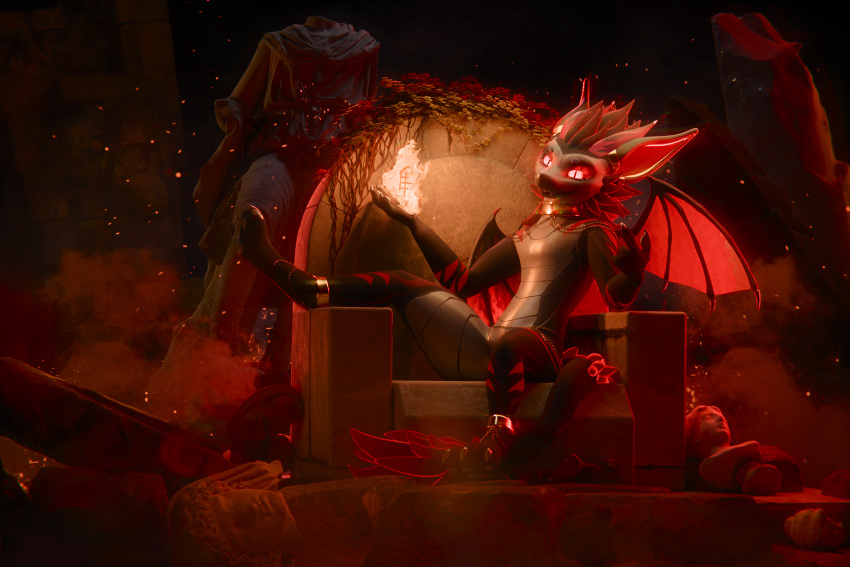 3d_(artwork) 4:3 absurd_res anthro blender_(software) chair demon demonic destroyed_building digital_media_(artwork) drake_(wolf64325) dust fire furniture gold_(metal) gold_jewelry hi_res inside jewelry long_tail male nardoragon nude scalie sculpture smug solo solo_focus statue throne vism0kers wings wreckage