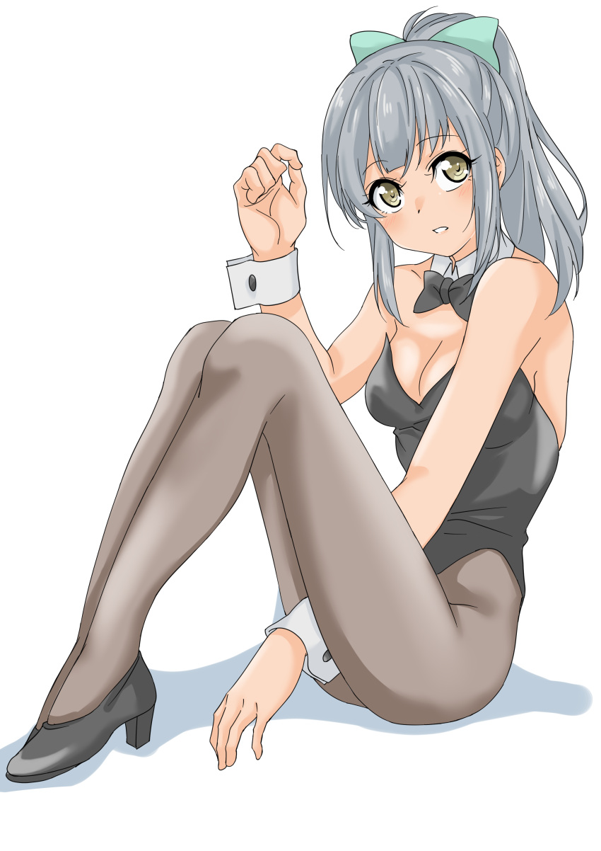 absurdres black_bow black_bowtie black_leotard bow bowtie brown_eyes brown_pantyhose detached_collar green_bow grey_hair hair_bow highres kantai_collection leotard maonatten nontraditional_playboy_bunny pantyhose parted_lips ponytail simple_background sitting strapless strapless_leotard white_background wrist_cuffs yuubari_(kancolle)
