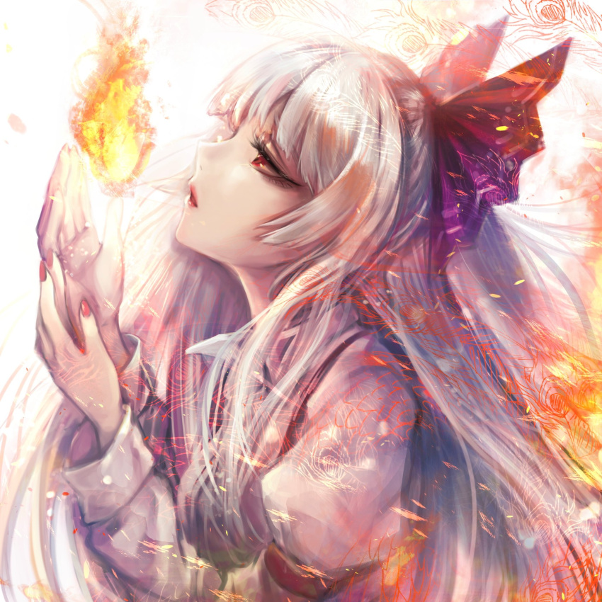 1girl bloom bow embers fiery_wings fire flame from_side fujiwara_no_mokou hair_bow hands_up highres kyogoku-uru lips long_hair looking_up nail_polish parted_lips profile pyrokinesis red_eyes red_nails shirt simple_background solo sparks touhou white_background wings