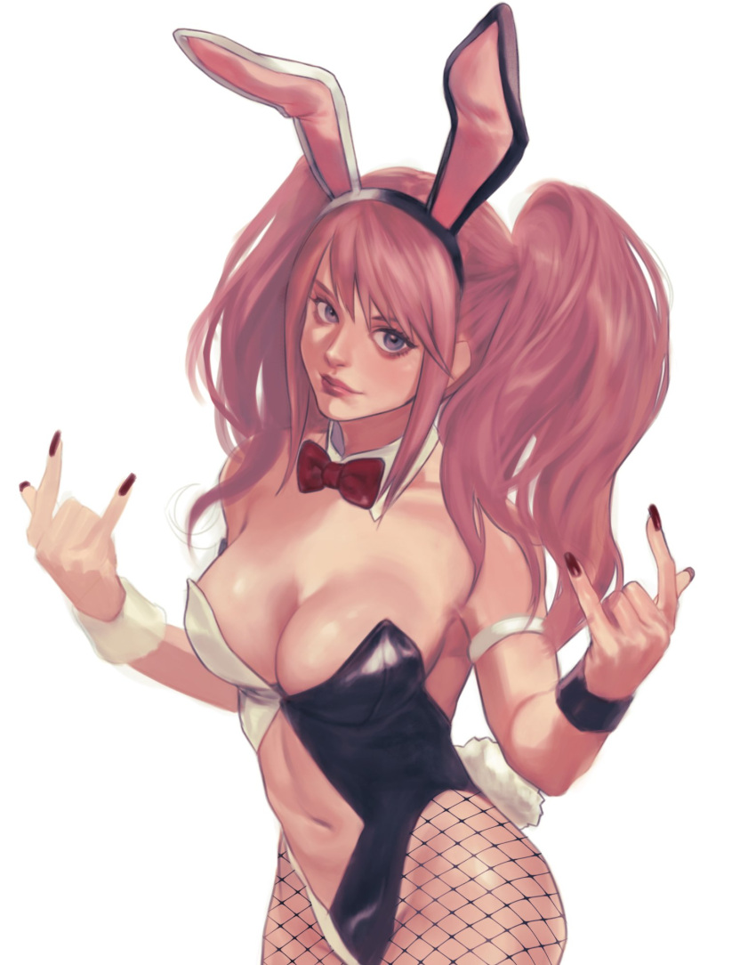 1girl animal_ears bangs bare_shoulders black_leotard blonde_hair bow bowtie breasts cleavage closed_mouth collarbone cowboy_shot danganronpa:_trigger_happy_havoc danganronpa_(series) detached_collar enoshima_junko fake_animal_ears fishnet_pantyhose fishnets grey_background hands_up highres large_breasts leotard nail_polish navel official_alternate_costume open_leotard pantyhose playboy_bunny rabbit_ears red_bow red_bowtie red_nails rei_(tdn_ng) revealing_clothes shiny shiny_clothes shiny_hair simple_background smile solo stomach twintails two-tone_leotard white_leotard wrist_cuffs