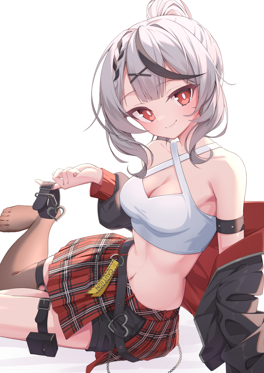 1girl bangs bare_shoulders black_hair black_jacket braid breasts brown_thighhighs cleavage collar collar_removed crop_top grey_hair highres holding holding_collar hololive jacket long_hair long_sleeves looking_at_viewer medium_breasts midriff multicolored_hair navel no_shoes open_clothes open_jacket plaid plaid_skirt ponytail puffy_long_sleeves puffy_sleeves quarterlift red_eyes red_skirt sakamata_chloe shirt simple_background single_thighhigh sitting skirt smile solo streaked_hair thigh_strap thighhighs virtual_youtuber white_background white_shirt