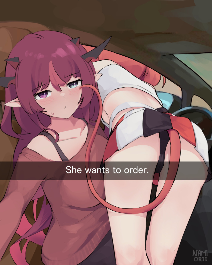 2girls absurdres ass backboob bare_legs black_panties blue_eyes blush breasts car_interior casual collarbone crop_top fake_screenshot hair_between_eyes hakos_baelz he_wants_to_order_(meme) heterochromia highres hololive hololive_english horns irys_(hololive) long_hair meme mouse_tail multiple_girls namiorii panties pointy_ears purple_eyes purple_hair selfie sweater tail underboob underwear