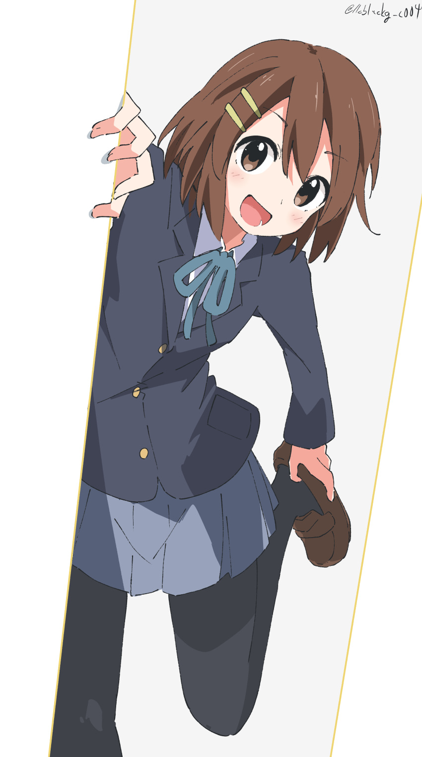 1girl :d absurdres artist_name bangs black_pantyhose blazer blue_jacket blue_ribbon blue_skirt blush brown_eyes brown_footwear brown_hair commentary_request cynical_(llcbluckg_c004) hair_between_eyes hair_ornament hairclip highres hirasawa_yui jacket k-on! leg_up loafers long_sleeves looking_at_viewer neck_ribbon open_mouth pantyhose pleated_skirt ribbon sakuragaoka_high_school_uniform school_uniform shadow shirt shoes short_hair skirt smile solo twitter_username watermark white_shirt