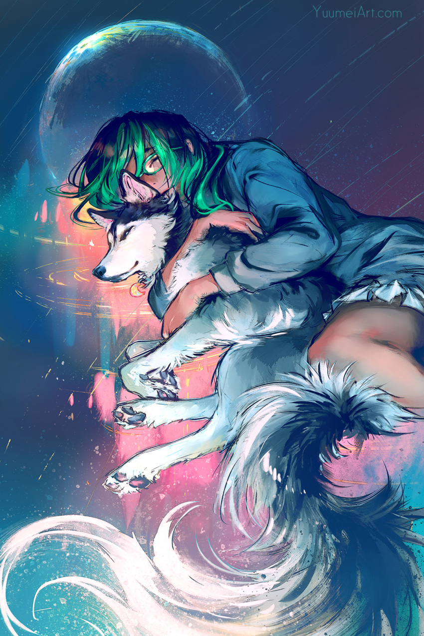 2:3 ambiguous_gender canid canine canis clothed clothing collar cuddling domestic_dog duo eyes_closed eyewear female feral fur glasses green_hair hair hi_res human mammal paws quadruped topwear white_body white_fur yuumei