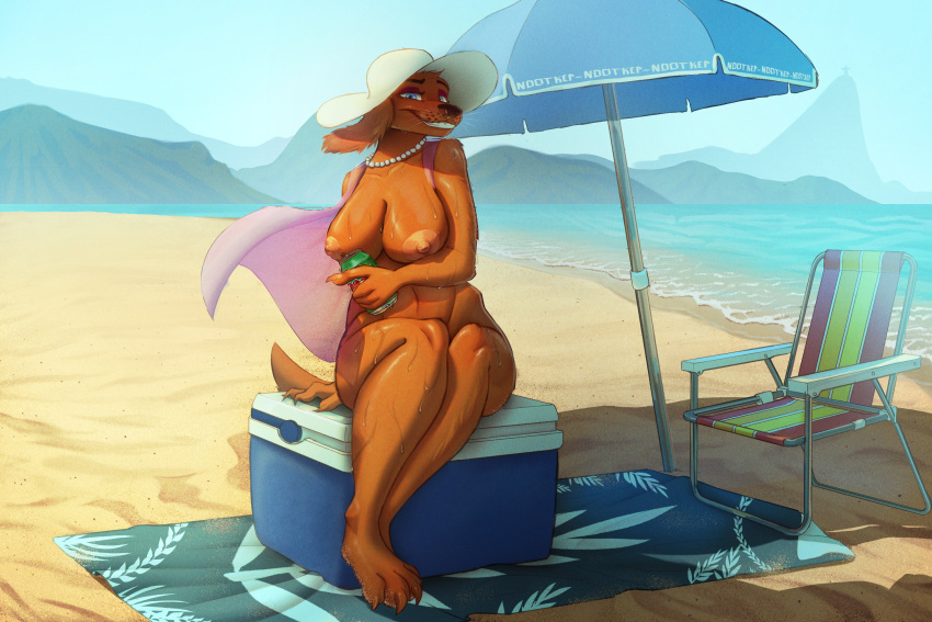 3:2 anthro beach breasts canid canine female fur hi_res looking_at_viewer mammal nipples nootkep nude outside sand seaside solo