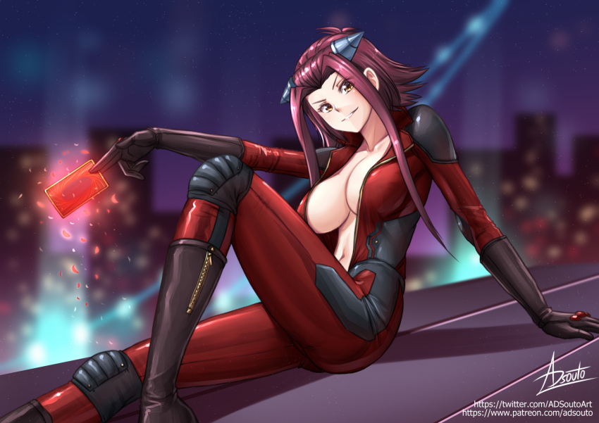 1girl adsouto black_gloves blurry blurry_background bodysuit breasts building card cleavage collarbone elbow_gloves gloves grin hair_intakes hair_ornament hairpin highres holding holding_card izayoi_aki large_breasts leaning_back looking_at_viewer navel night open_bodysuit outdoors petals pilot_suit red_bodysuit red_hair shiny shiny_hair short_hair_with_long_locks sidelocks sitting smile solo unzipped v-shaped_eyebrows watermark web_address yellow_eyes yu-gi-oh! yu-gi-oh!_5d's