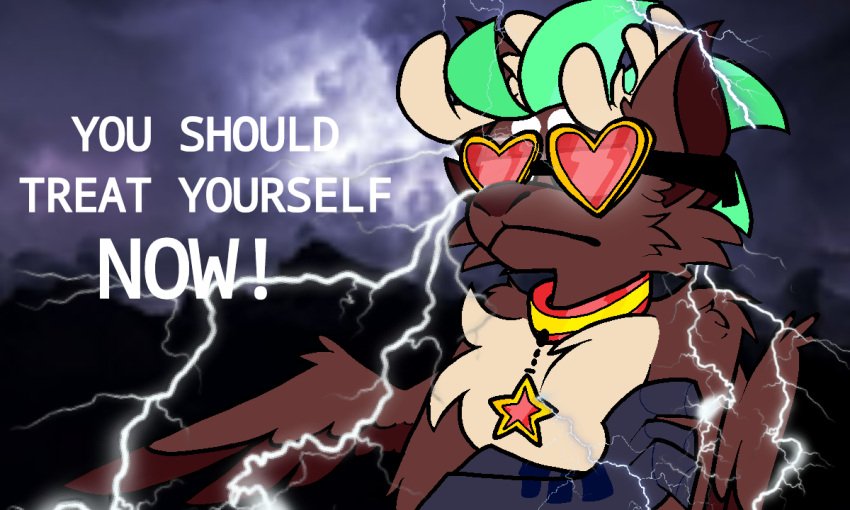 5:3 anthro antlers brown_body collar crossed_arms eyewear glasses green_hair hair heart_clothing horn jamsire lightning low_tier_god lucky_prize_(jamsire) meme peryton photo_background shitpost star text wings