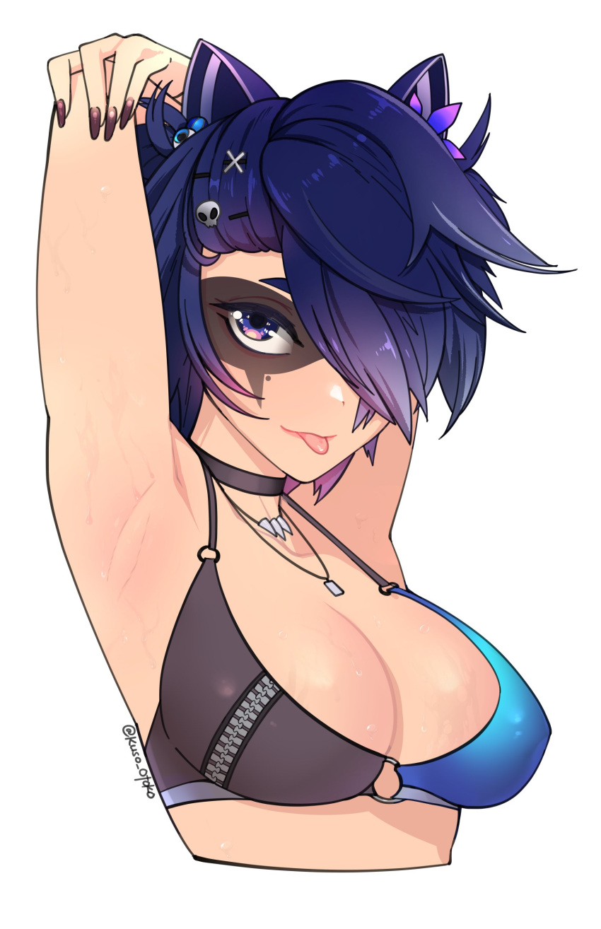 1girl absurdres armpits arms_up artist_name bangs bare_shoulders black_nails blue_eyes blue_hair breasts cleavage cropped_torso english_commentary eye_mask grey_background hair_ornament hair_over_one_eye highres jewelry kuso_otoko large_breasts nail_polish necklace original shiny shiny_hair short_hair simple_background skull_hair_ornament solo tongue tongue_out x_hair_ornament