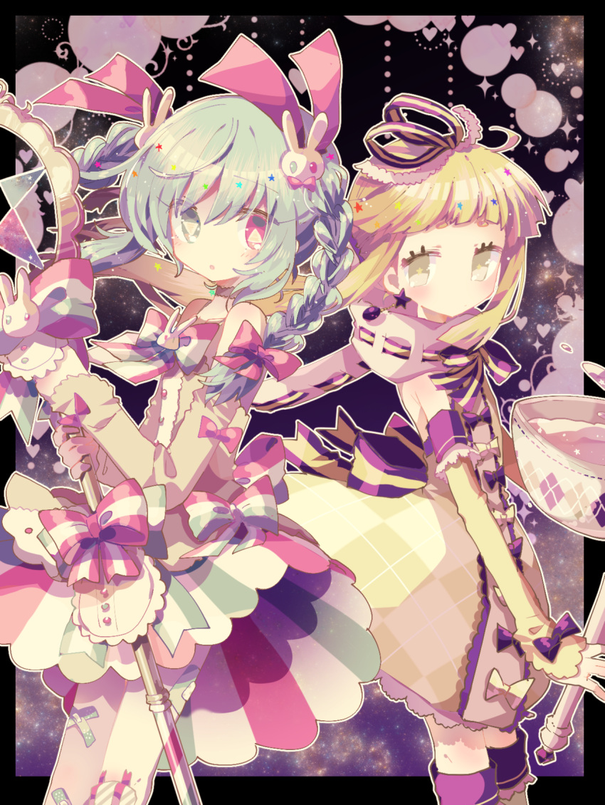 2girls bandaid bandaid_on_leg bangs blonde_hair bow braid bright_pupils bunny_hair_ornament detached_sleeves dress expressionless green_eyes green_hair hair_ornament hair_ribbon heterochromia highres holding holding_wand lace-trimmed_dress lace_trim magical_girl multiple_girls neck_ribbon no_nose original parted_lips pink_bow pink_eyes pink_ribbon pleated_skirt purple_bow ribbon skirt star-shaped_pupils star_(symbol) symbol-shaped_pupils thighhighs treccia_pechemint twin_braids usagi_nui wand whip_(usagi_nui) yellow_bow yellow_dress yellow_eyes yellow_pupils yellow_sleeves yellow_thighhighs