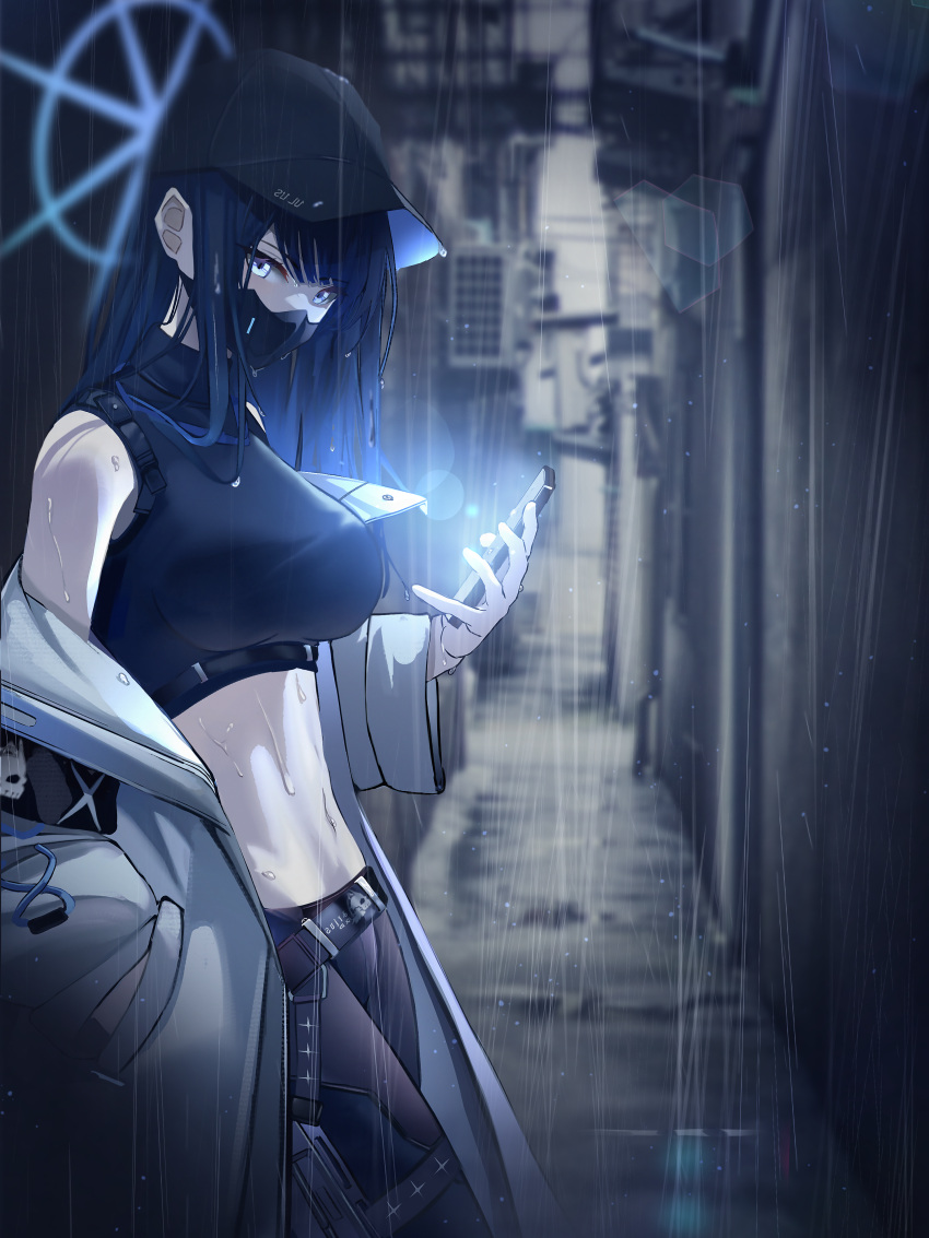 1girl absurdres alley armband bangs bare_shoulders baseball_cap belt black_hair black_headwear black_mask black_pants black_shirt blue_archive blue_eyes breasts cellphone chest_harness coat commentary cowboy_shot crop_top groin halo hand_in_pocket harness hat highres holding holding_phone holster knife knife_holster lens_flare long_hair long_sleeves looking_at_viewer mask medium_breasts midriff mouth_mask navel off_shoulder open_clothes open_coat outdoors pants phone rain runa_(user_guwn7382) saori_(blue_archive) shirt sidelocks sleeveless sleeveless_shirt smartphone snap-fit_buckle solo standing thigh_holster underbust water_drop wet wet_hair wet_hat white_coat