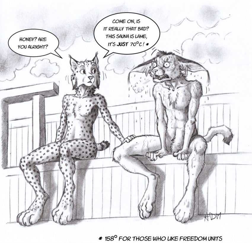 0laffson anthro bodily_fluids cheetah digitigrade duo felid feline female hi_res lynx male mammal monochrome nude sauna sweat traditional_media_(artwork)