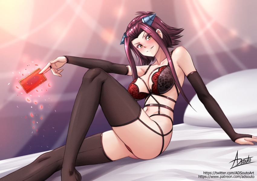 1girl adsouto black_sleeves black_thighhighs blurry blurry_background blush bra breasts bridal_gauntlets card cleavage detached_sleeves garter_belt grin hair_intakes hair_ornament hairpin highres holding holding_card izayoi_aki large_breasts lingerie long_sleeves looking_at_viewer navel on_bed panties pillow red_bra red_hair red_panties shiny shiny_hair short_hair_with_long_locks sidelocks sitting sitting_on_bed smile solo thighhighs underwear underwear_only v-shaped_eyebrows watermark web_address yellow_eyes yu-gi-oh! yu-gi-oh!_5d's
