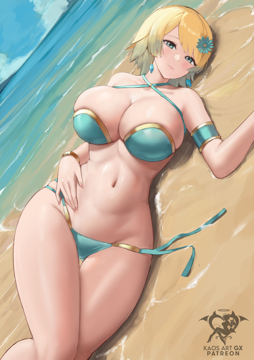 1girl absurdres alternate_costume ass_visible_through_thighs bare_arms bare_legs bare_shoulders beach bikini blonde_hair blue_bikini blue_eyes blue_flower blue_hair breasts cleavage closed_mouth criss-cross_halter day dutch_angle earrings fire_emblem fire_emblem_heroes fjorm_(fire_emblem) flower gradient_hair hair_flower hair_ornament halterneck highres jewelry kaos_art large_breasts light_smile looking_at_viewer lying multicolored_hair navel ocean on_side outdoors short_hair side-tie_bikini_bottom solo stomach summer swimsuit thigh_gap untied untied_bikini