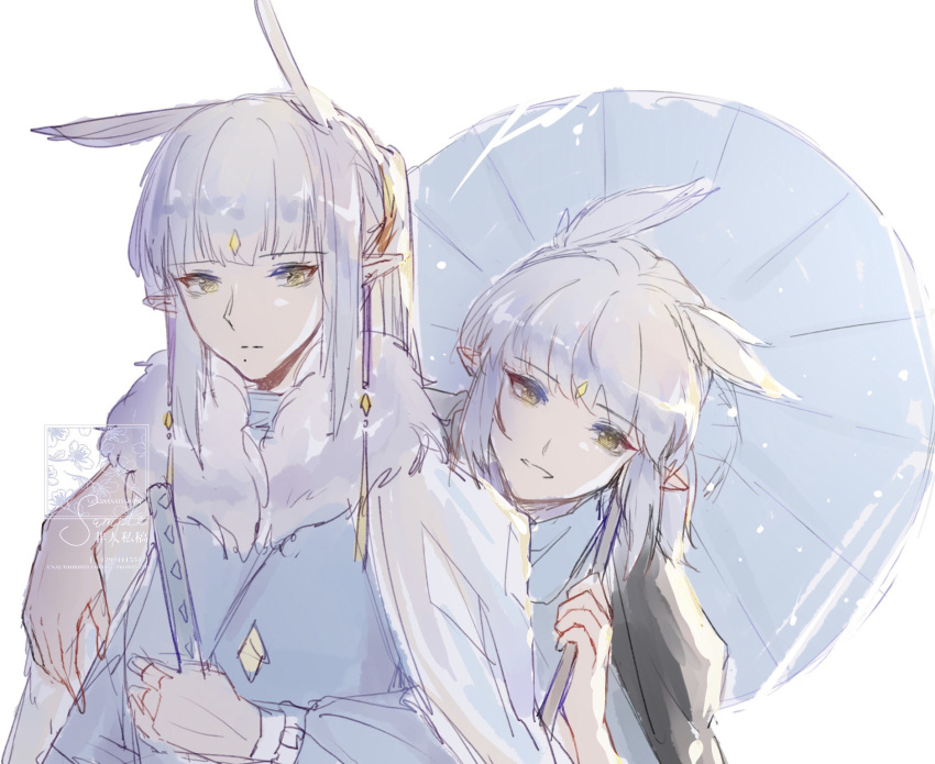 2boys bai_xiao bishounen earrings fr001104 grey_hair highres holding holding_umbrella jewelry looking_at_viewer male_focus mimizuku_(sky:_children_of_the_light) multiple_boys pointy_hair ponytail siblings sketch sky:_children_of_the_light smile tassel tassel_earrings twins umbrella white_hair yellow_eyes