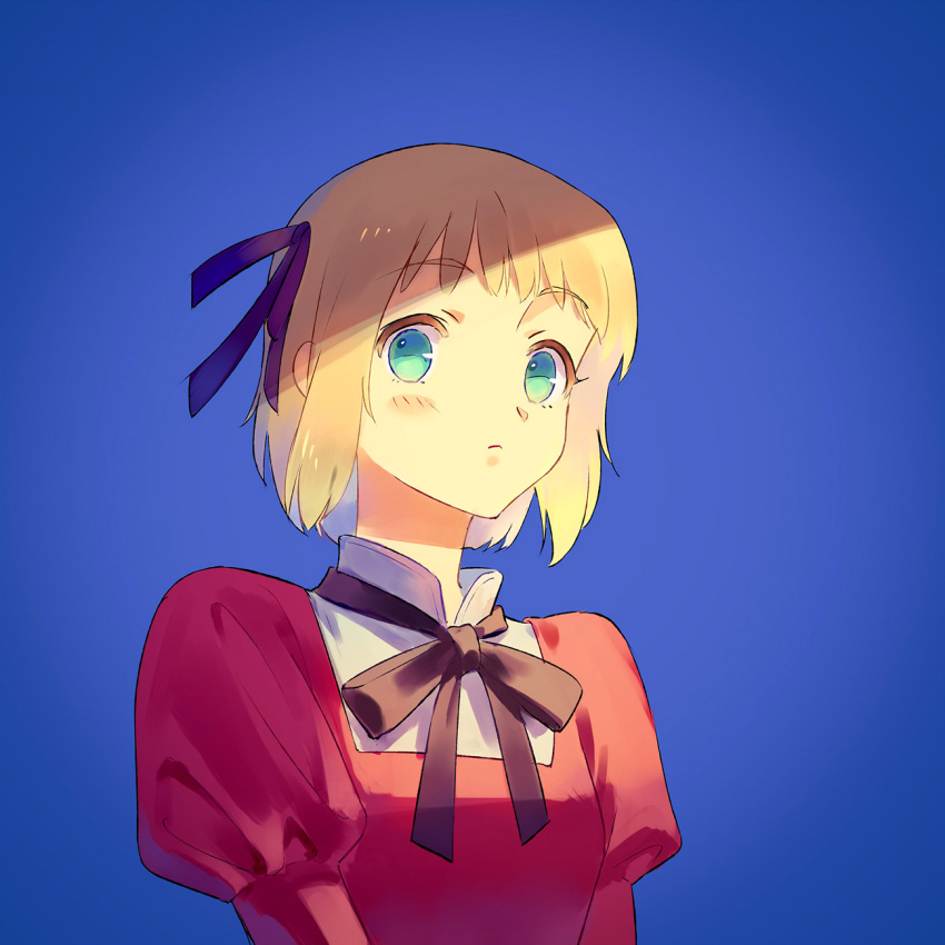 1girl axis_powers_hetalia black_bow black_bowtie blonde_hair blue_background bob_cut bow bowtie dress green_eyes hair_ribbon highres juliet_sleeves liechtenstein_(hetalia) long_sleeves looking_at_viewer puffy_sleeves red_dress ribbon short_hair vvvrsi3636