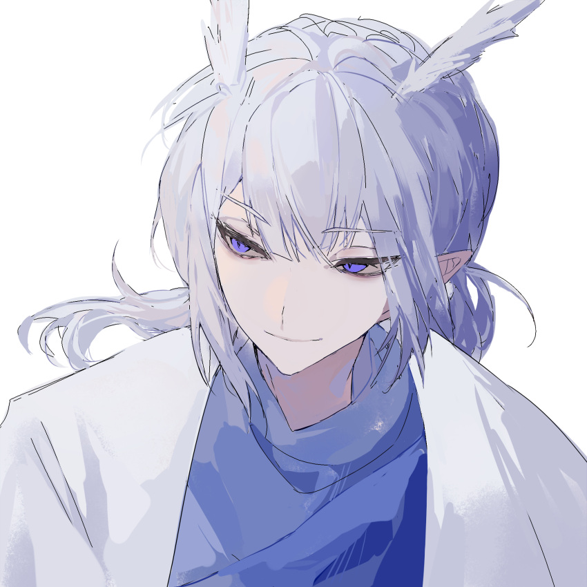 1boy bishounen cape evil_smile grey_hair highres light_smile looking_to_the_side male_focus mimizuku_(sky:_children_of_the_light) pointy_hair ponytail purple_eyes sideways_glance sky:_children_of_the_light smile solo upper_body white_background white_hair xiaochuan562