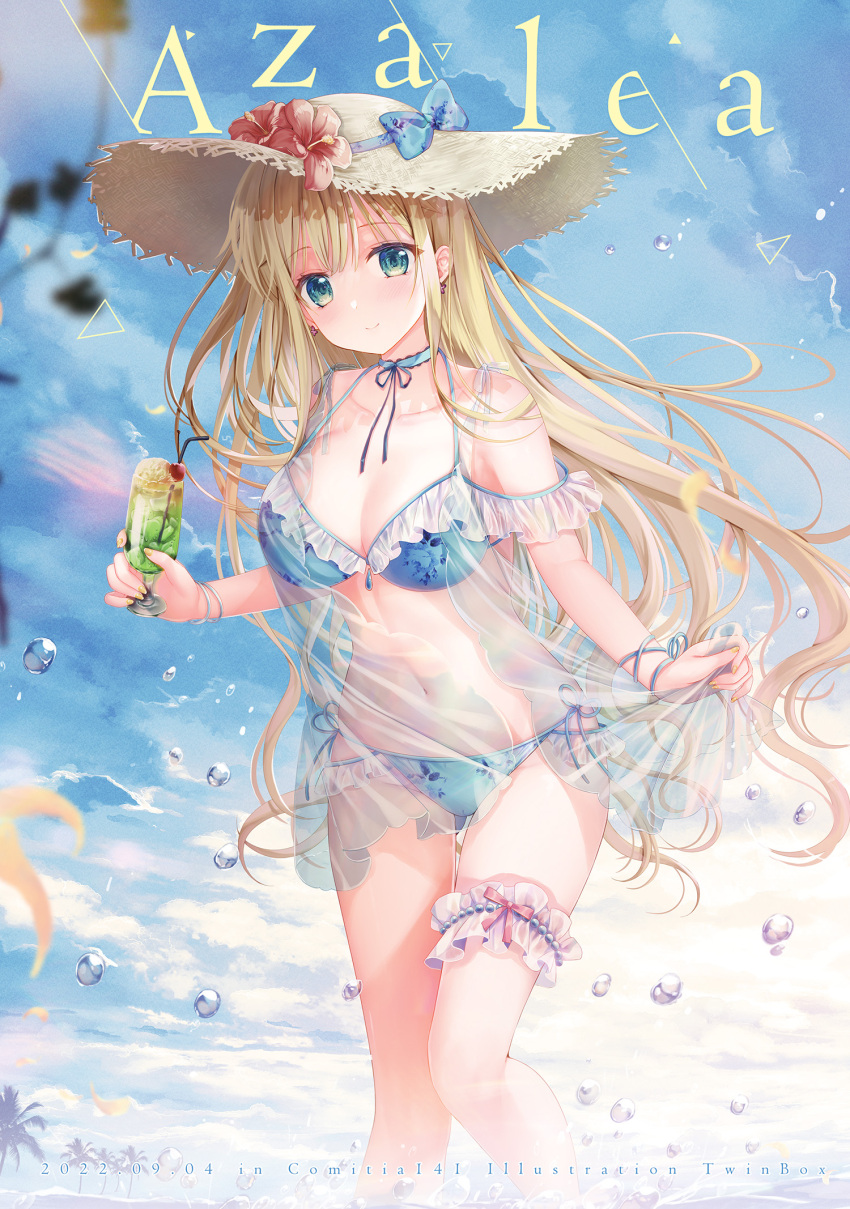 1girl bangs bendy_straw bikini bikini_under_clothes blonde_hair blue_bikini blue_bow blue_sky bow breasts brown_headwear cherry cleavage closed_mouth cloud cloudy_sky commentary_request cup day drinking_glass drinking_straw flower food frilled_bikini frills fruit green_eyes hat hat_bow hat_flower highres holding holding_cup inagaki_minami long_hair medium_breasts navel outdoors red_flower see-through sky smile solo sousouman straw_hat swimsuit twinbox_school very_long_hair