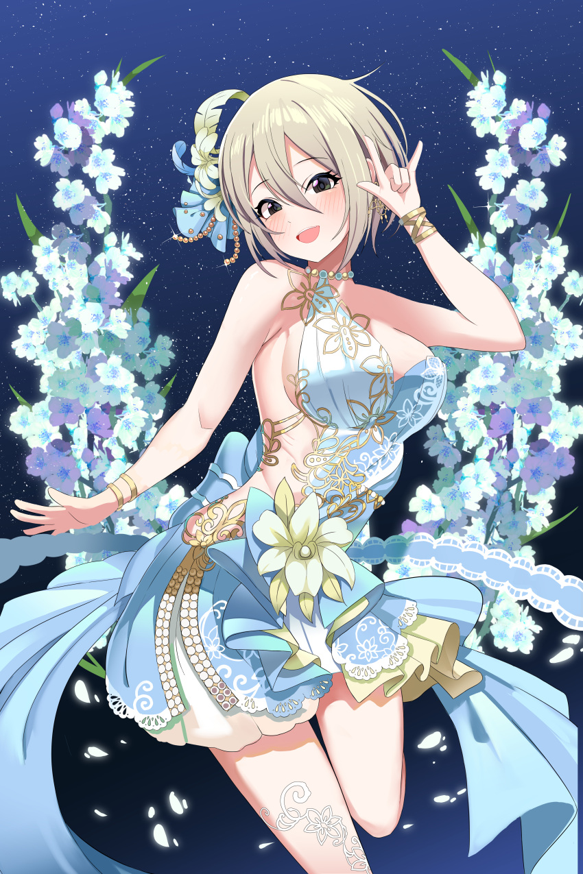 1girl \m/ absurdres blush bracelet breasts dress floral_background glowing_petals greyscale hair_between_eyes highres idolmaster idolmaster_cinderella_girls jewelry large_breasts looking_at_viewer monochrome ribs round_teeth shiomi_syuko short_hair sky sleeveless sleeveless_dress smile solo standing standing_on_one_leg star_(sky) starry_sky sylph_kim teeth