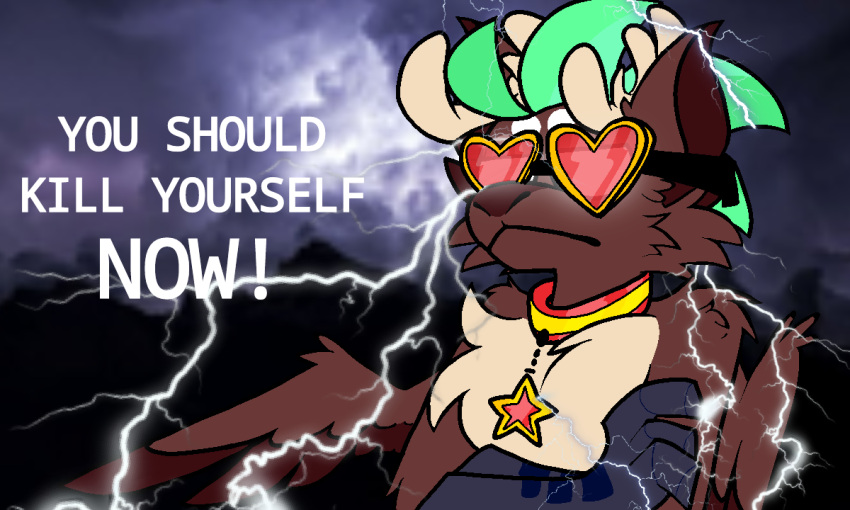 5:3 anthro antlers brown_body collar crossed_arms english_text eyewear glasses green_hair hair heart_clothing horn jamsire lightning low_tier_god lucky_prize_(jamsire) meme peryton photo_background shitpost star text wings