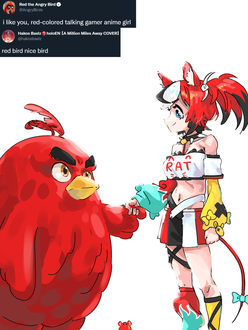 1girl absurdres angry_birds animal_ears bangs bird black_hair blue_eyes chat_log collar gurumie gurumie1229 hair_ornament hakos_baelz highres hololive hololive_english mouse_ears mouse_girl mouse_tail mr._squeaks_(hakos_baelz) multicolored_hair red_(angry_birds) red_hair spiked_collar spikes streaked_hair tail twintails twitter virtual_youtuber white_hair