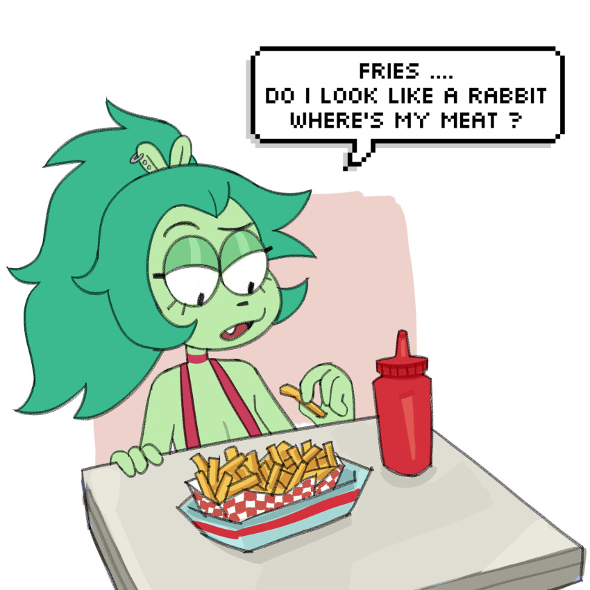 1:1 2021 adult_fink anthro breasts cartoon_network cleavage clothed clothing cute_fangs ear_piercing ear_ring eyebrows female fink_(ok_k.o.!_lbh) food fries fur green_body green_fur green_hair hair hi_res ketchup mammal murid murine ok_k.o.!_let's_be_heroes piercing poivre_moulu ponytail raised_eyebrow rat ring_piercing rodent solo