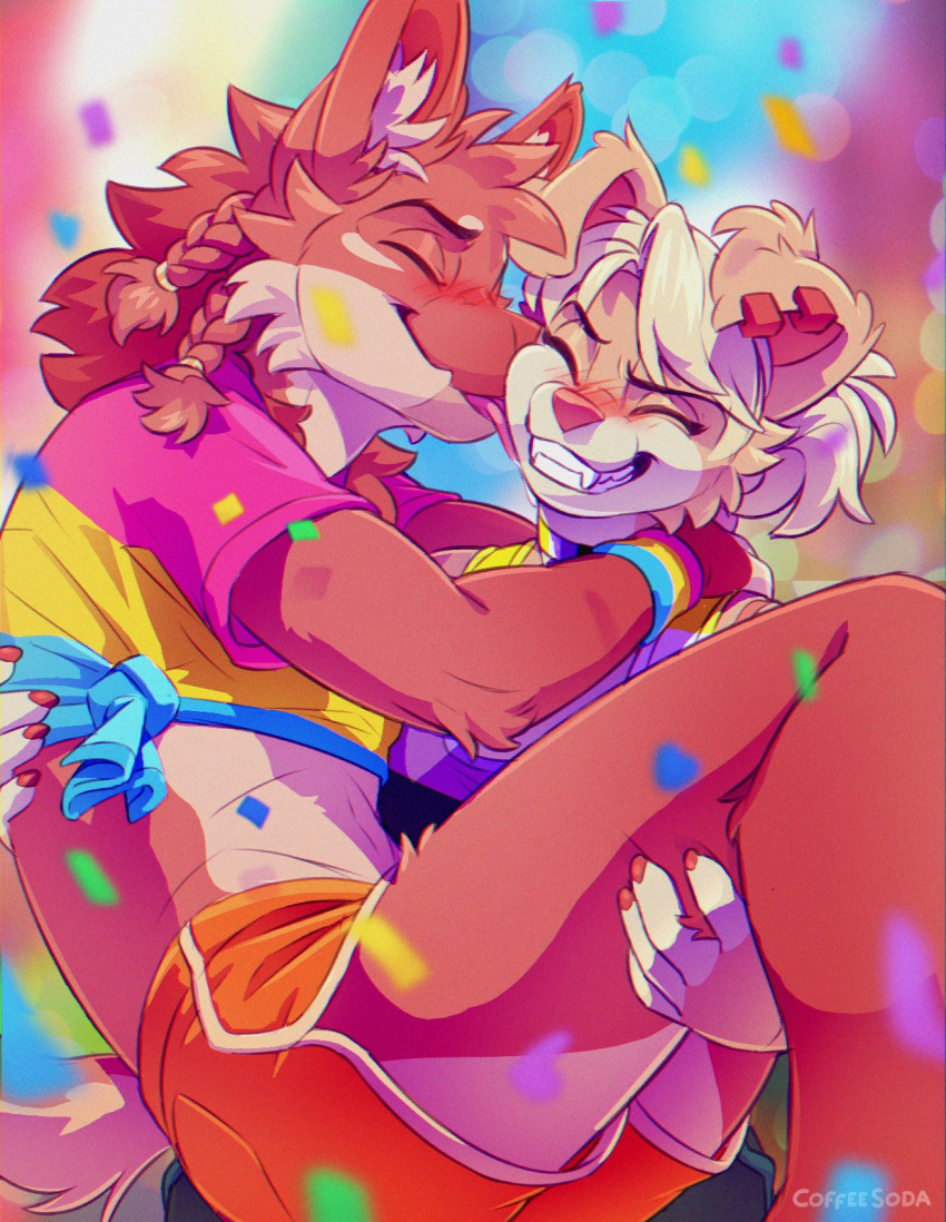 anthro ashe_(coffeesoda) ben_(coffeesoda) blush bottomwear canid canine canis carrying_partner clothing coffeesoda confetti domestic_dog duo ear_piercing embrace eyes_closed female fur hair happy hi_res hug lgbt_pride licking male male/female mammal multicolored_body multicolored_fur piercing pigtails pink_body pink_fur pride_color_accessory pride_color_clothing pride_color_flag pride_color_topwear pride_colors red_body red_fur role_reversal shorts smile teeth tongue tongue_out topwear white_hair