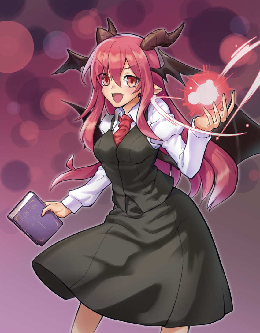 1girl :d absurdres arm_up bat_wings black_skirt black_vest book breasts commentary_request cowboy_shot cross danmaku dress_shirt energy fang hair_between_eyes head_wings highres holding holding_book juliet_sleeves koakuma long_hair long_sleeves looking_at_viewer low_wings medium_breasts necktie pointy_ears puffy_sleeves red_background red_eyes red_hair red_necktie ryuuno_stadtfeld shirt skin_fang skirt skirt_set smile solo touhou v-shaped_eyebrows very_long_hair vest white_shirt wings