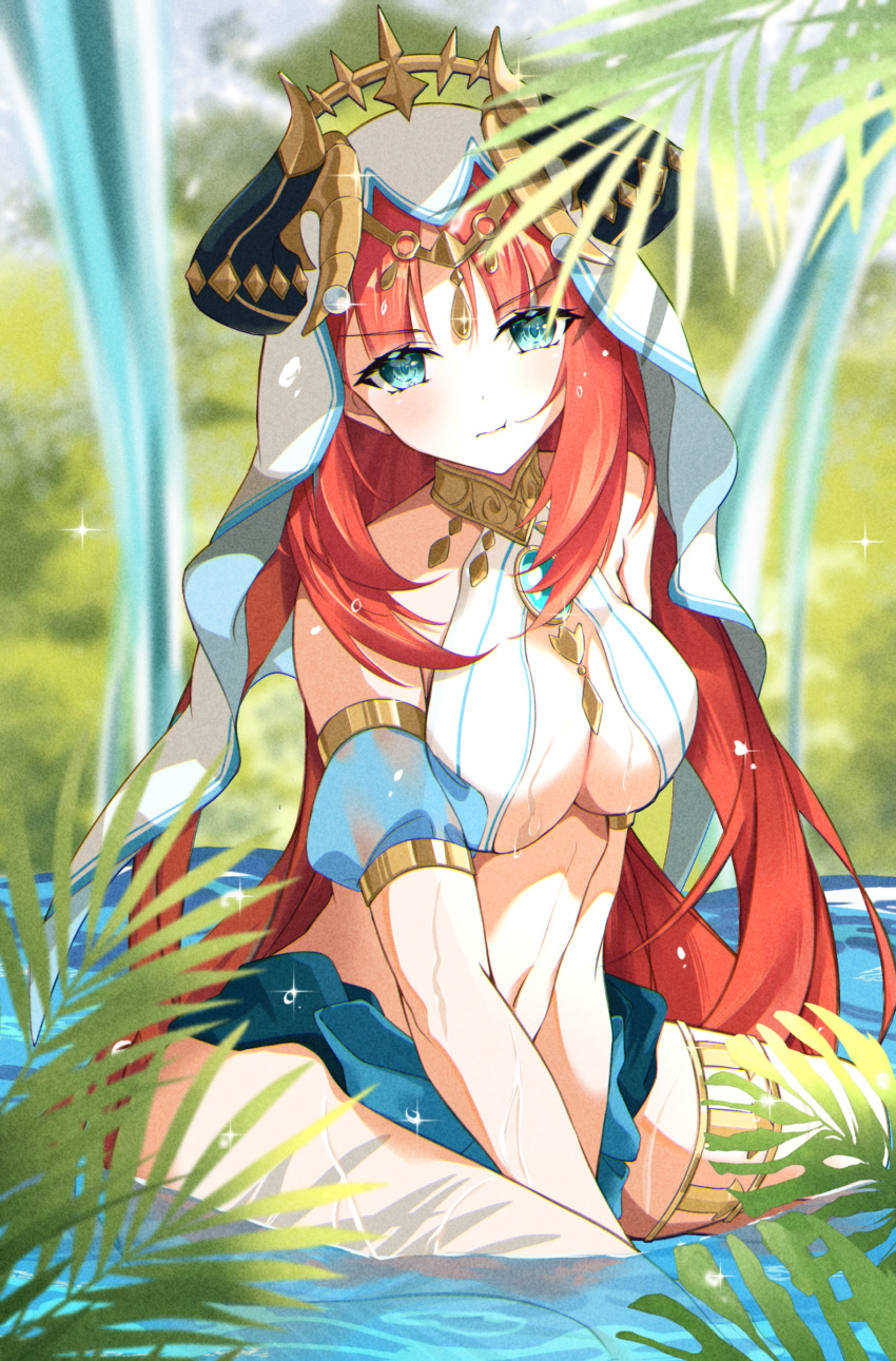 1girl aqua_eyes arabian_clothes arms_between_legs biting blue_veil branch breasts brooch closed_mouth cowboy_shot crescent day fern forehead_jewel genshin_impact glint gold_choker harem_outfit highres horns in_water jewelry light_blush lip_biting long_hair looking_at_viewer medium_breasts neck_ring nilou_(genshin_impact) outdoors red_hair sitting solo v_arms vambraces veil very_long_hair wet white_headdress yoshitoki_(kisshin)