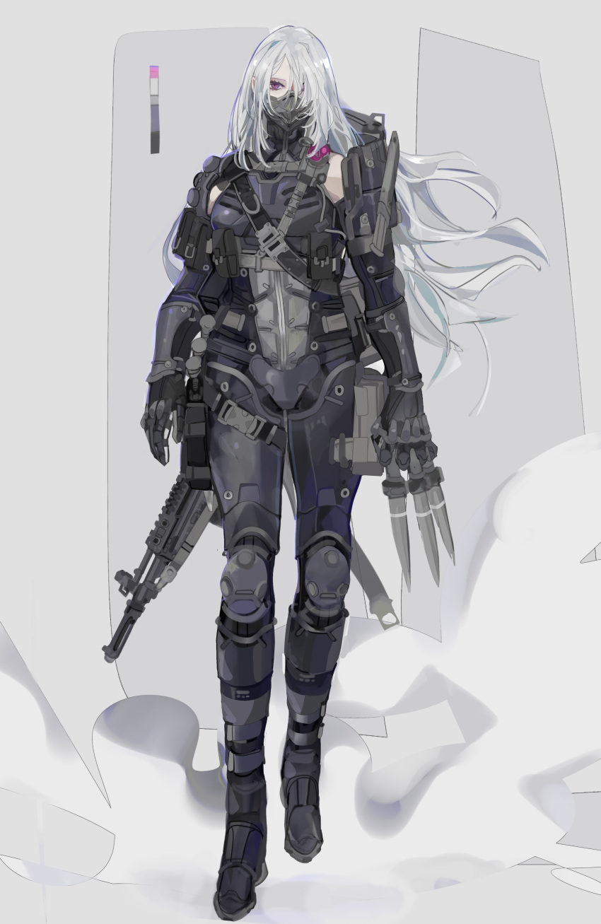 1girl absurdres ak-15 ak-15_(girls'_frontline) body_armor buckle color_guide defy_(girls'_frontline) detached_sleeves full_body girls'_frontline gun gun_on_back half_mask highres holding holding_knife kalashnikov_rifle knife long_hair looking_at_viewer mask nslacka pouch purple_eyes rifle sheath sheathed simple_background solo tactical_clothes throwing_knife weapon weapon_on_back white_hair