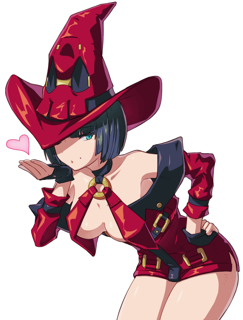 1girl absurdres bare_shoulders bbhdrrr black_gloves black_hair blowing_kiss blue_eyes bob_cut breasts cleavage dress gloves guilty_gear guilty_gear_xrd hat hat_over_one_eye heart highres i-no large_breasts latex latex_dress looking_at_viewer mole mole_above_mouth o-ring o-ring_top red_headwear short_dress short_sleeves simple_background solo white_background witch witch_hat